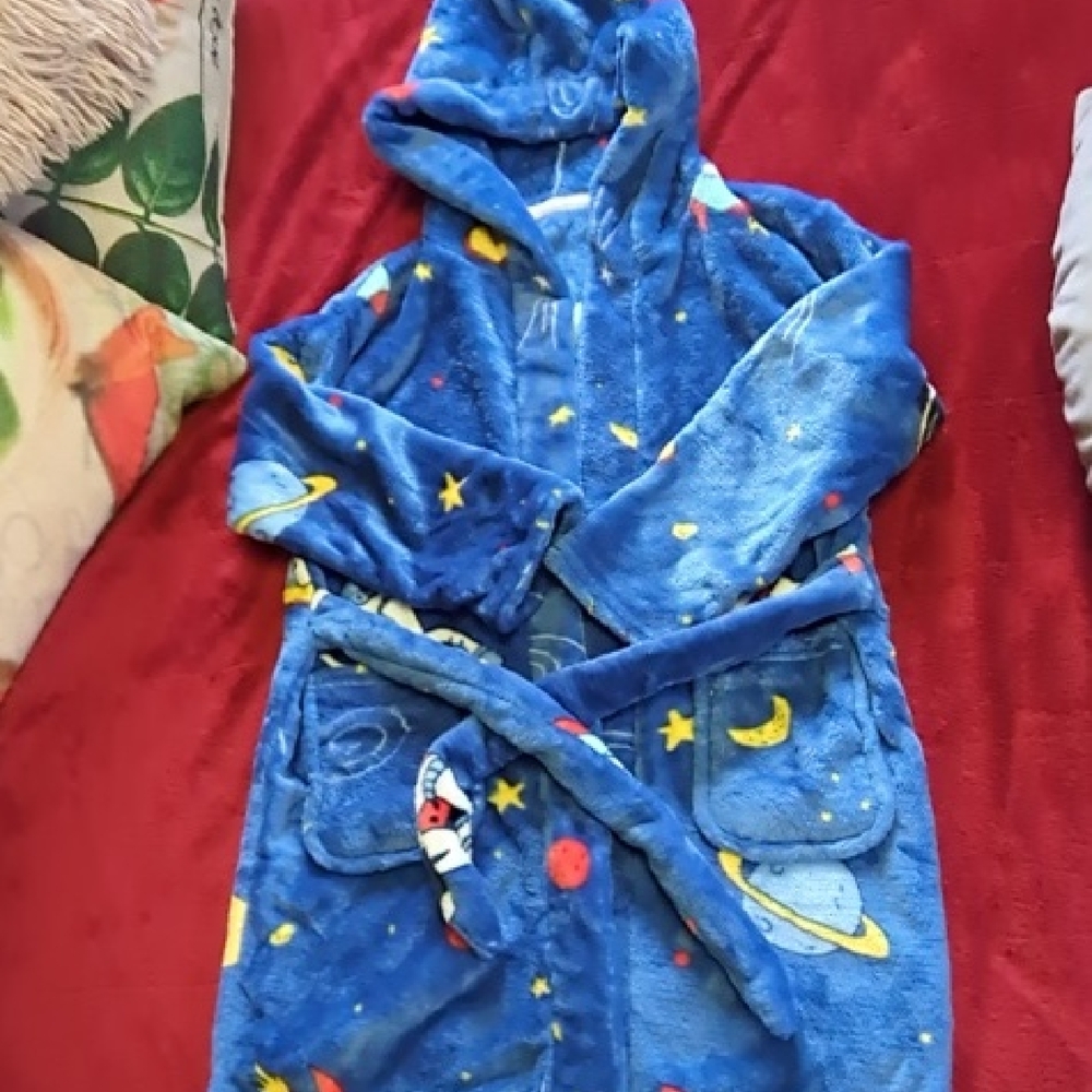 Blue Space-Themed Hooded Robe3-4years 120 Cm,Soft Fleece Navy Blue